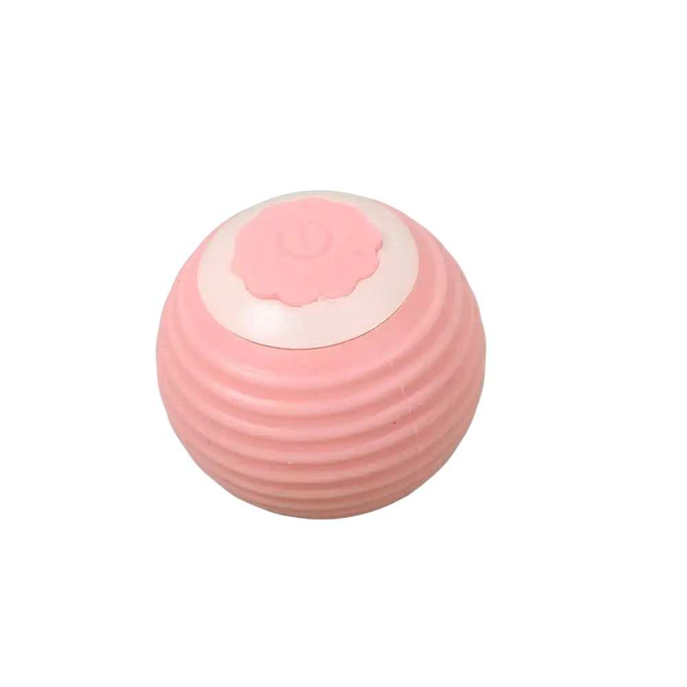 Pink automatic interactive smart cat ball toy with ribbed texture and white flower-shaped power button on top