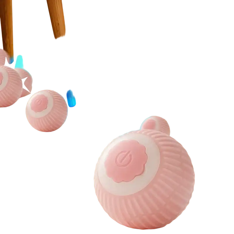 Automatic interactive smart cat ball toy in pink with a ribbed texture and white center featuring engraved power button
