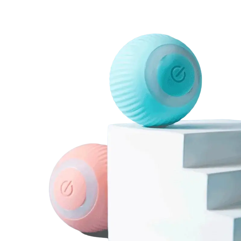Automatic interactive smart cat ball toy in soft pastel blue and pink silicone with ribbed exterior and central power button