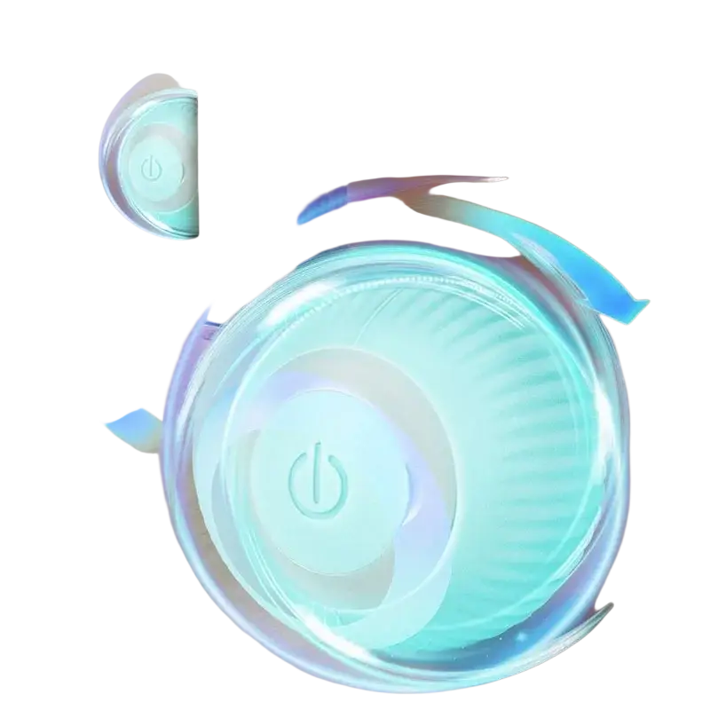 Automatic interactive smart cat ball toy in translucent teal designed to rotate with a power button and emit cool air