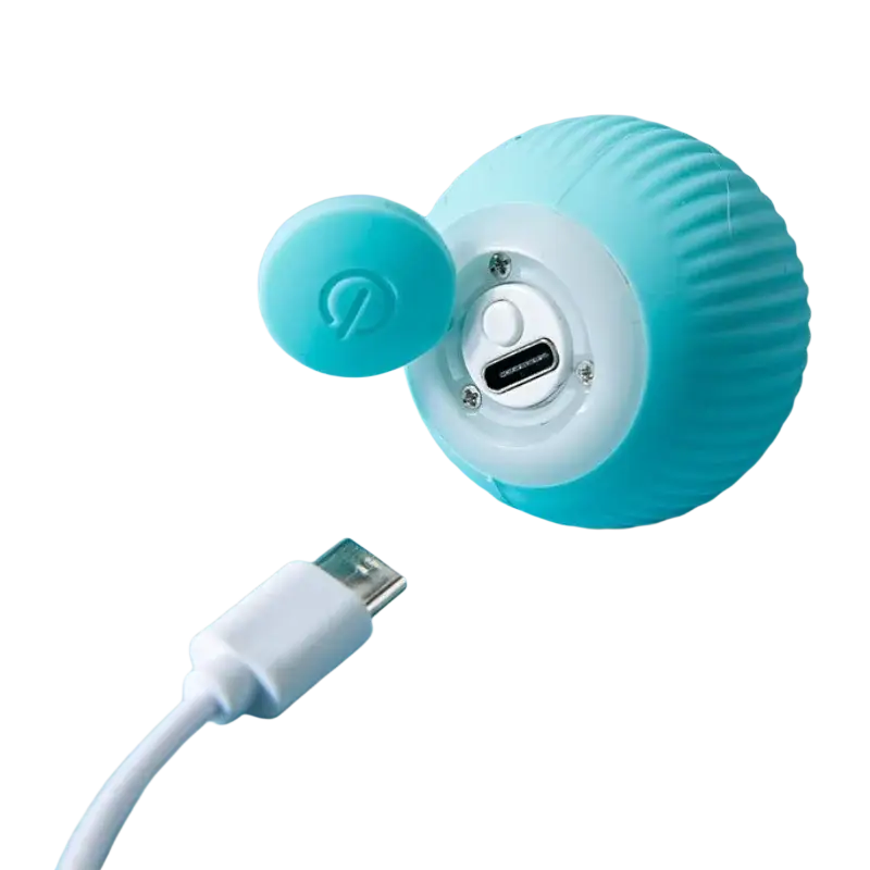 Automatic interactive smart cat ball toy in turquoise ribbed silicone with white base and matching power button cap