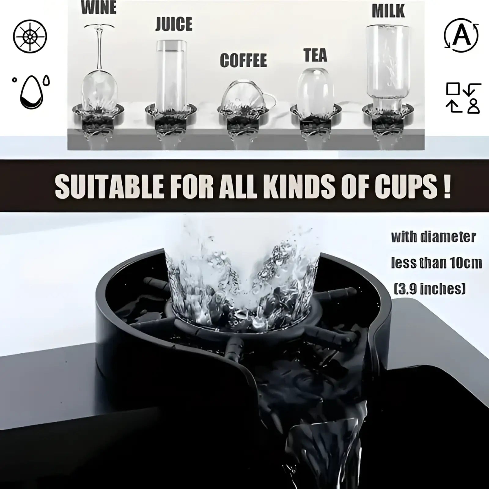 Black plastic cup drip tray with water spout and drainage channels for automatic kitchen sink cup flusher and glass washer