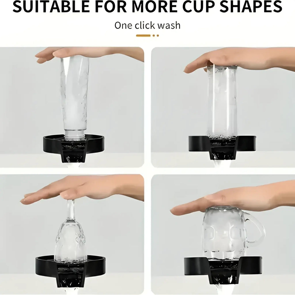 Black plastic automatic kitchen sink cup flusher and glass washer with adjustable ring for various mug shapes