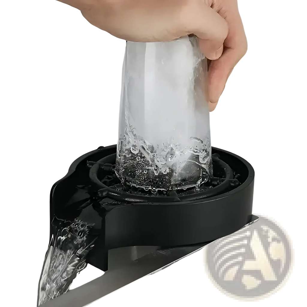 Black plastic sink drain protector with integrated water spout for automatic kitchen sink cup flusher and glass washer