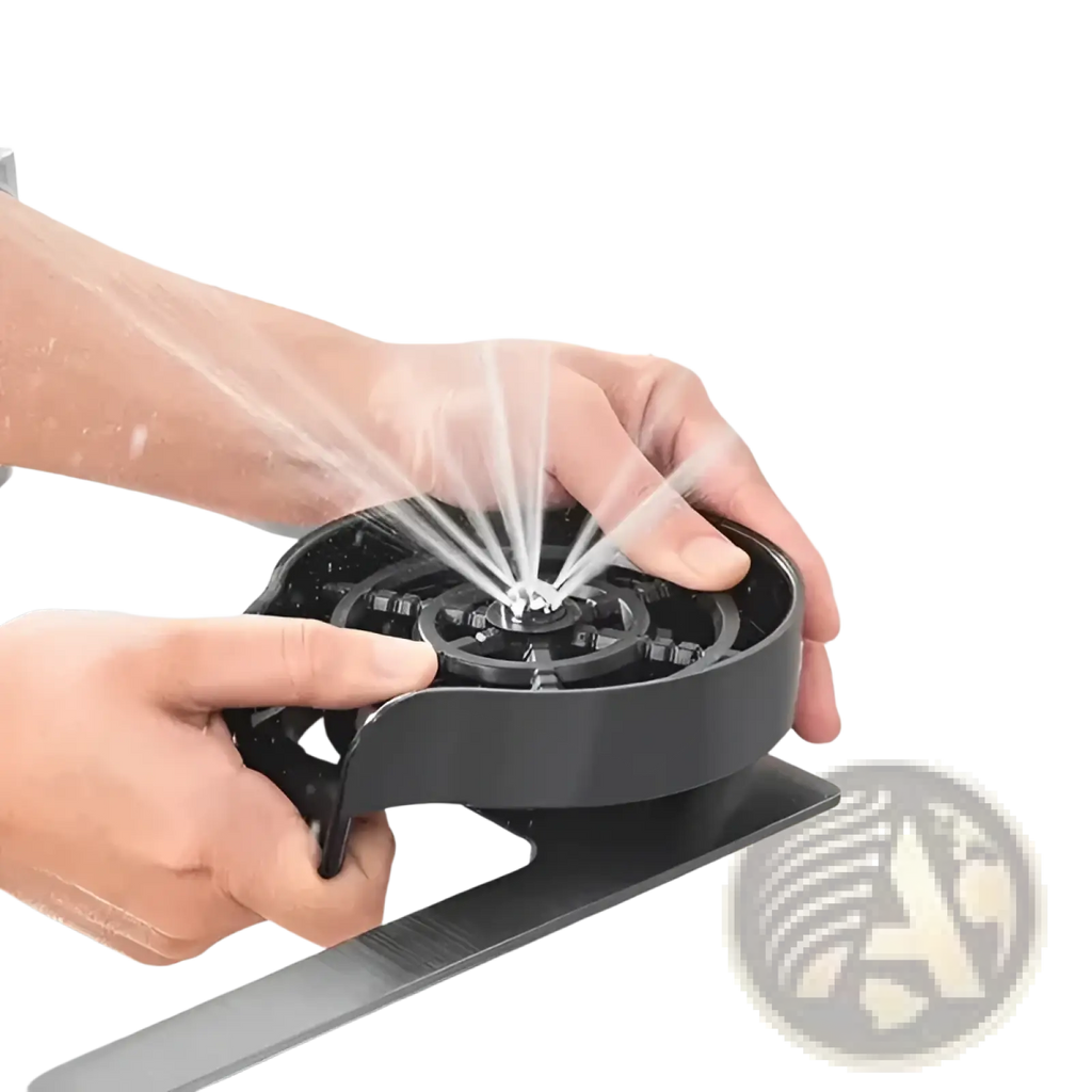 Black plastic bar cart base with central spout and radial water jets for automatic kitchen sink cup flusher and glass washer