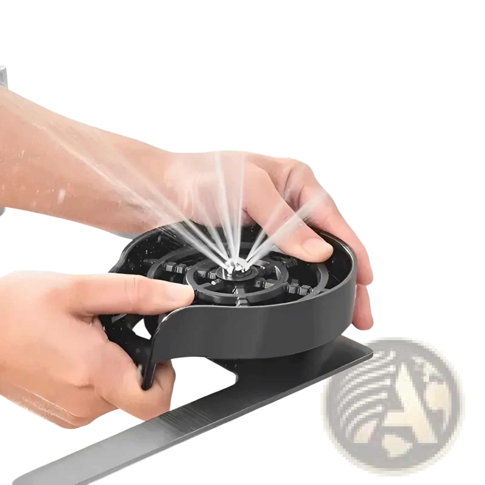 Black plastic bar cart base with central spout and radial water jets for automatic kitchen sink cup flusher and glass washer