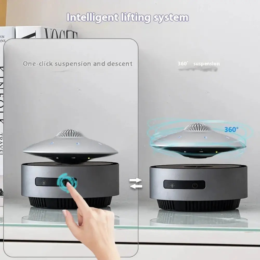Silver ufo-shaped wireless bluetooth speaker with magnetic levitation and black base featuring led lights
