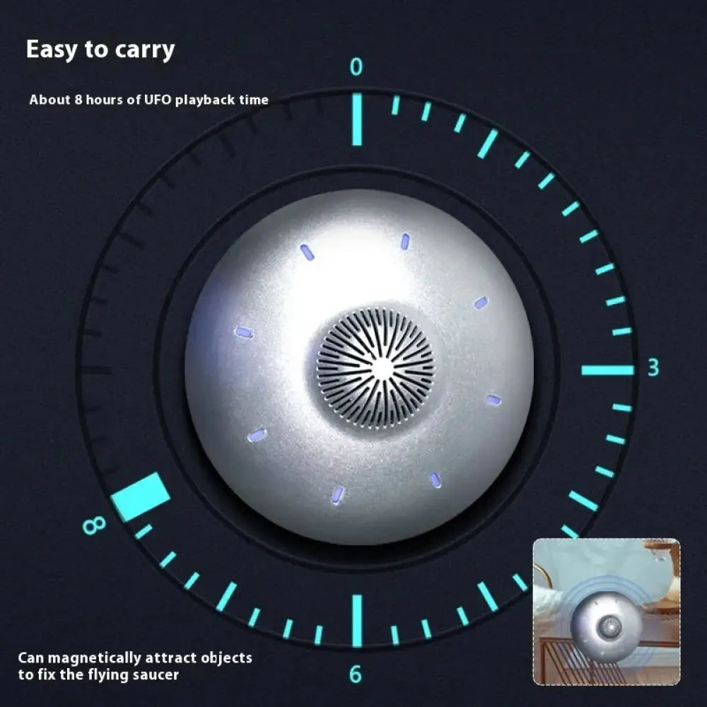 Silver spherical ufo-shaped floating magnetic levitation bluetooth speaker with glowing teal led markings and central grille
