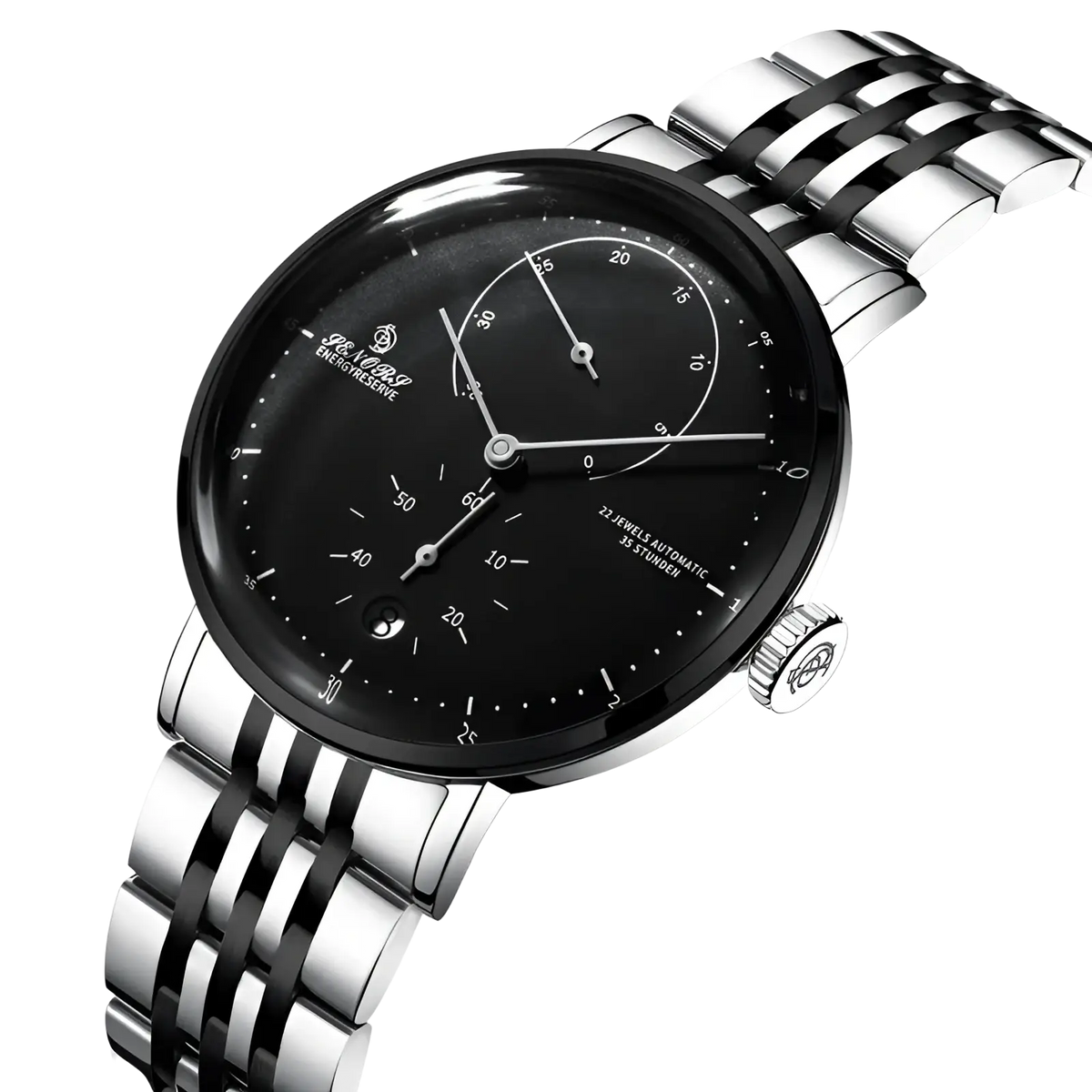 Automatic mechanical leather watch men with black dial and silver toned stainless steel bracelet featuring two tone design