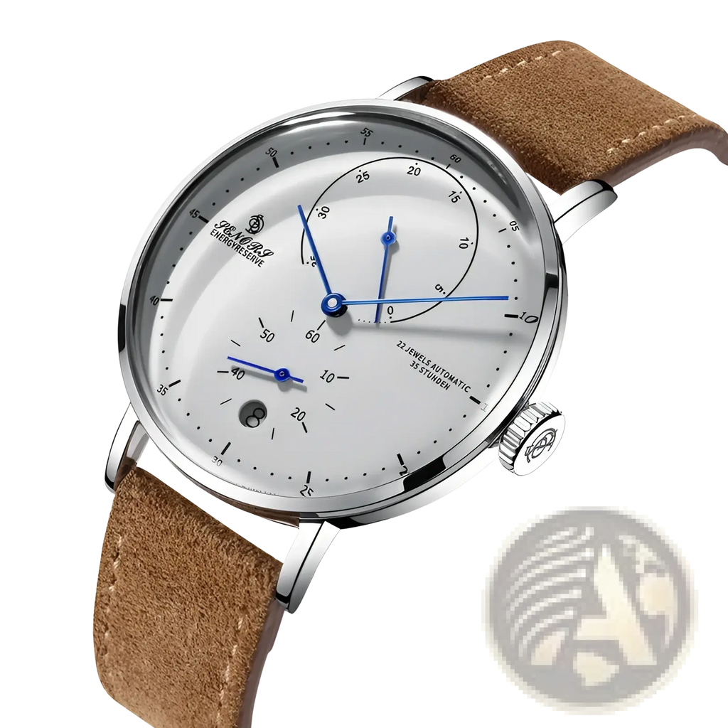A sleek silver-toned j.m automatic mechanical leather watch for men showcasing elegant design and premium craftsmanship