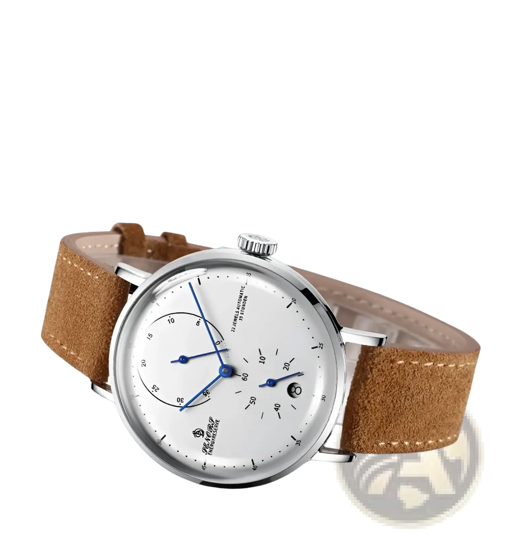 Automatic mechanical leather watch men featuring a silver-toned case, white dial, blue hands, and tan suede strap