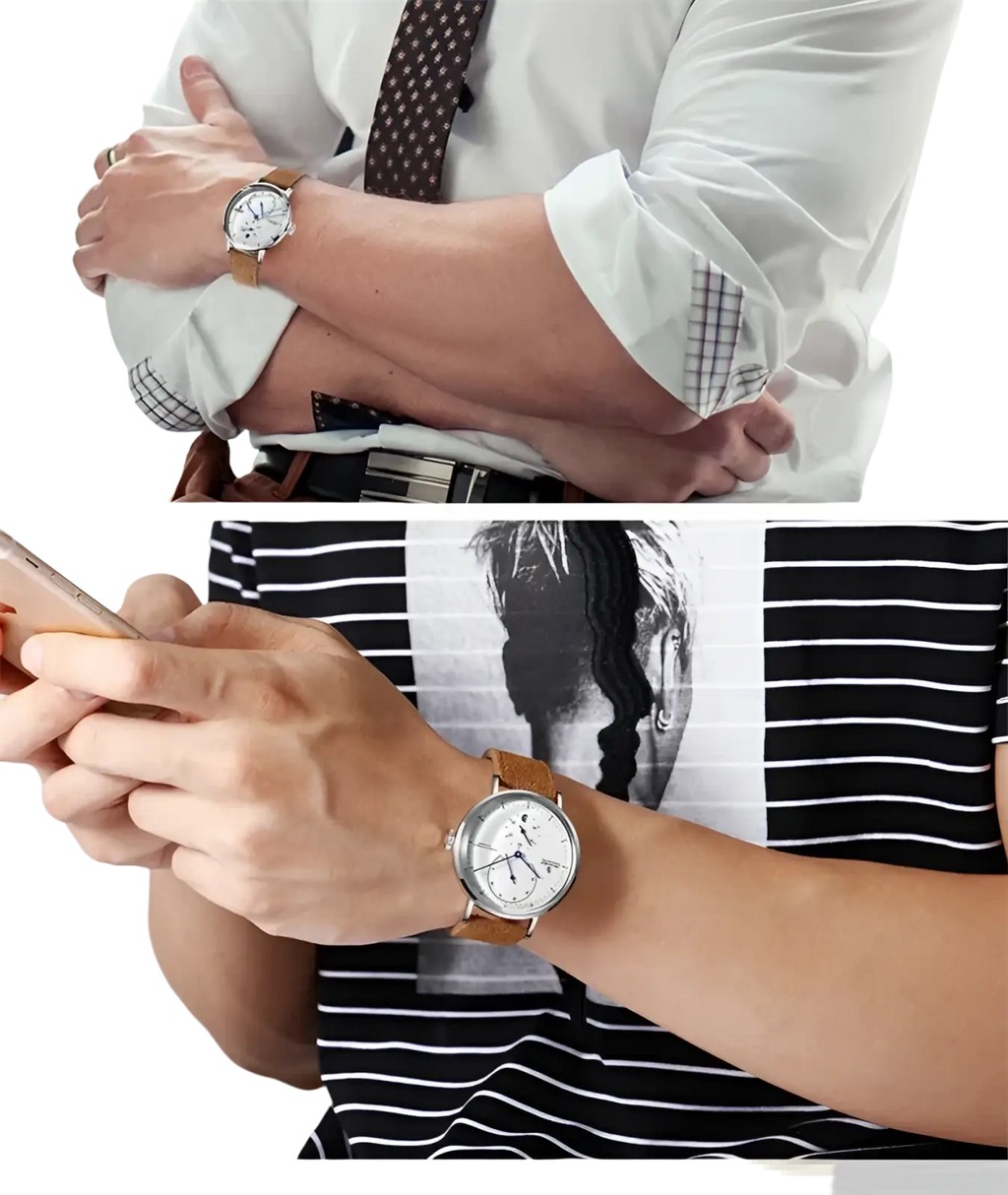 Automatic mechanical leather watch men with classic silver-toned case white dial brown leather strap and subdials