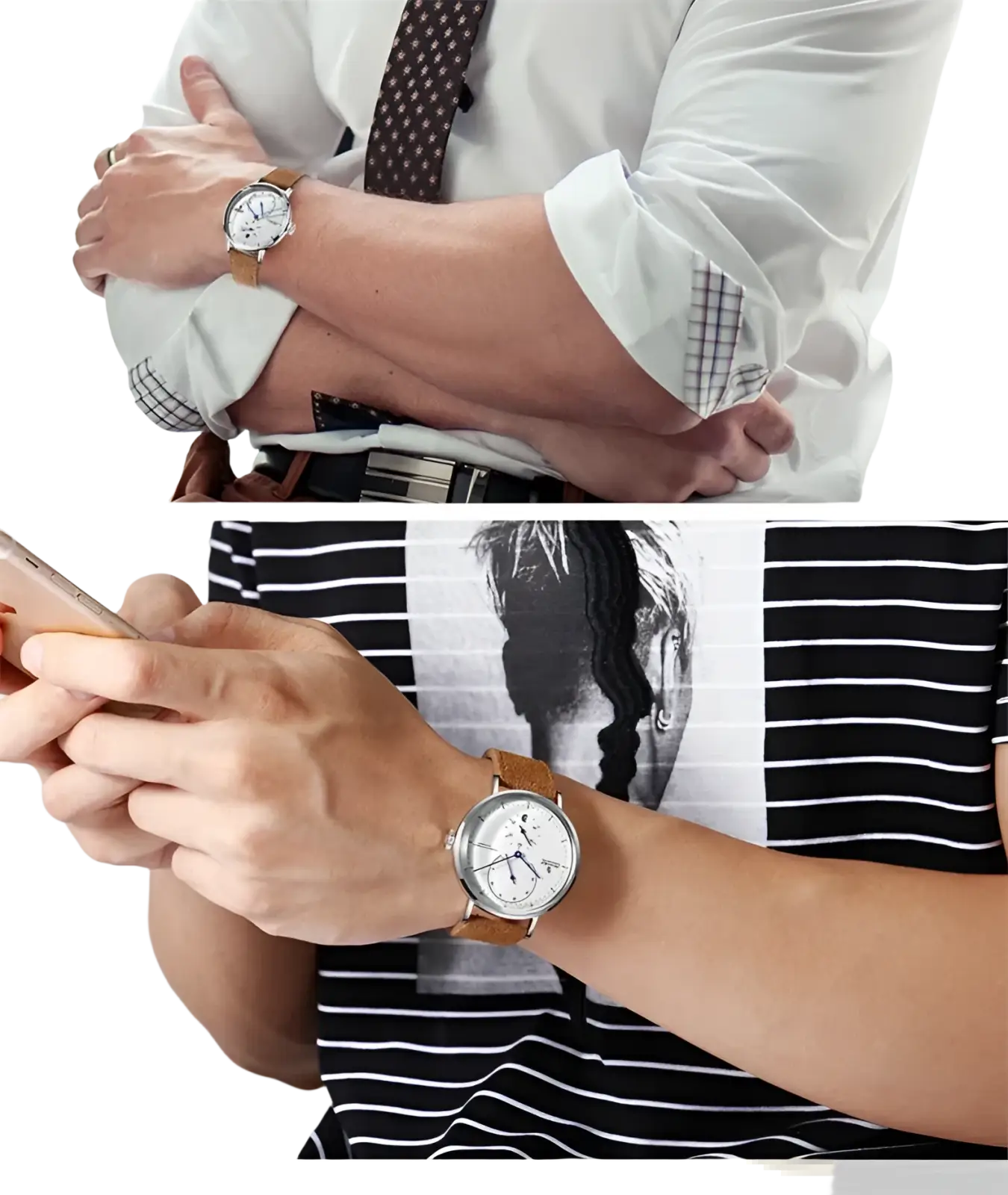 Automatic mechanical leather watch men with classic silver-toned case white dial brown leather strap and subdials