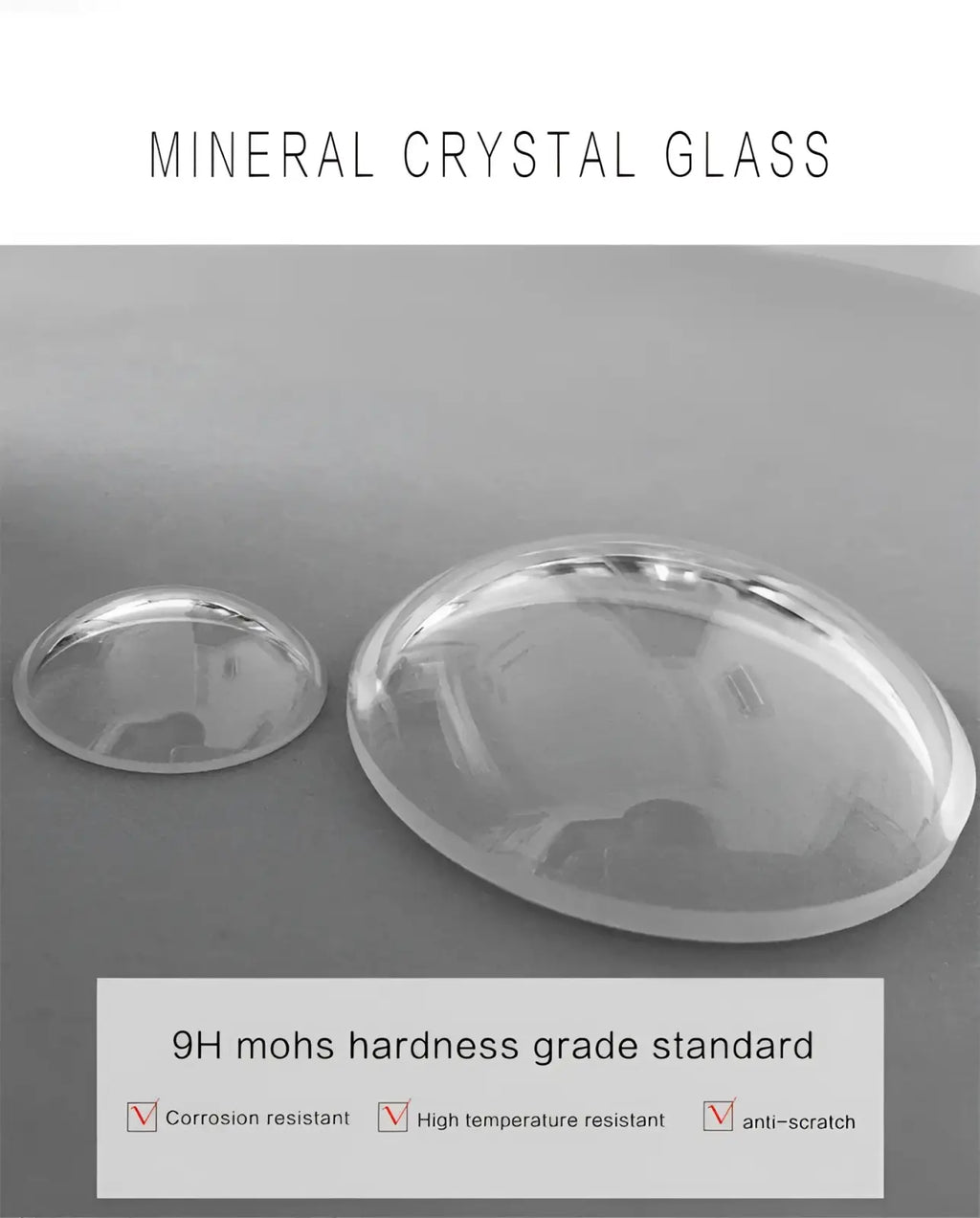 Clear oval-shaped mineral crystal glass pieces with polished surface and rounded edges for automatic mechanical leather watch men