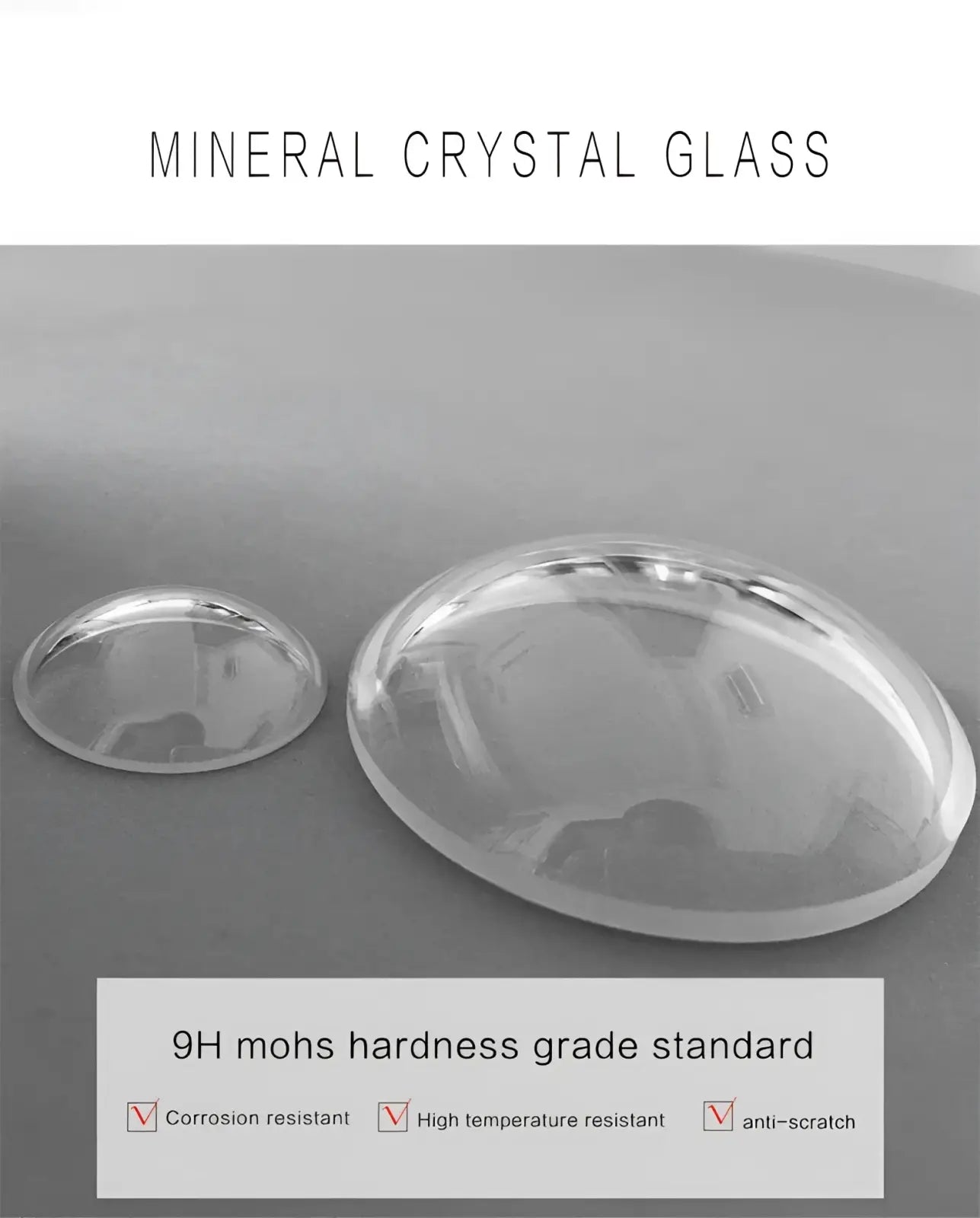 Clear oval-shaped mineral crystal glass pieces with polished surface and rounded edges for automatic mechanical leather watch men