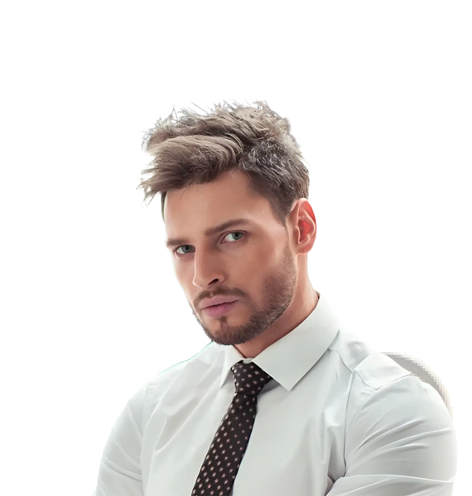 A dark brown tie with a subtle pattern of white dots complementing an automatic mechanical leather watch for men