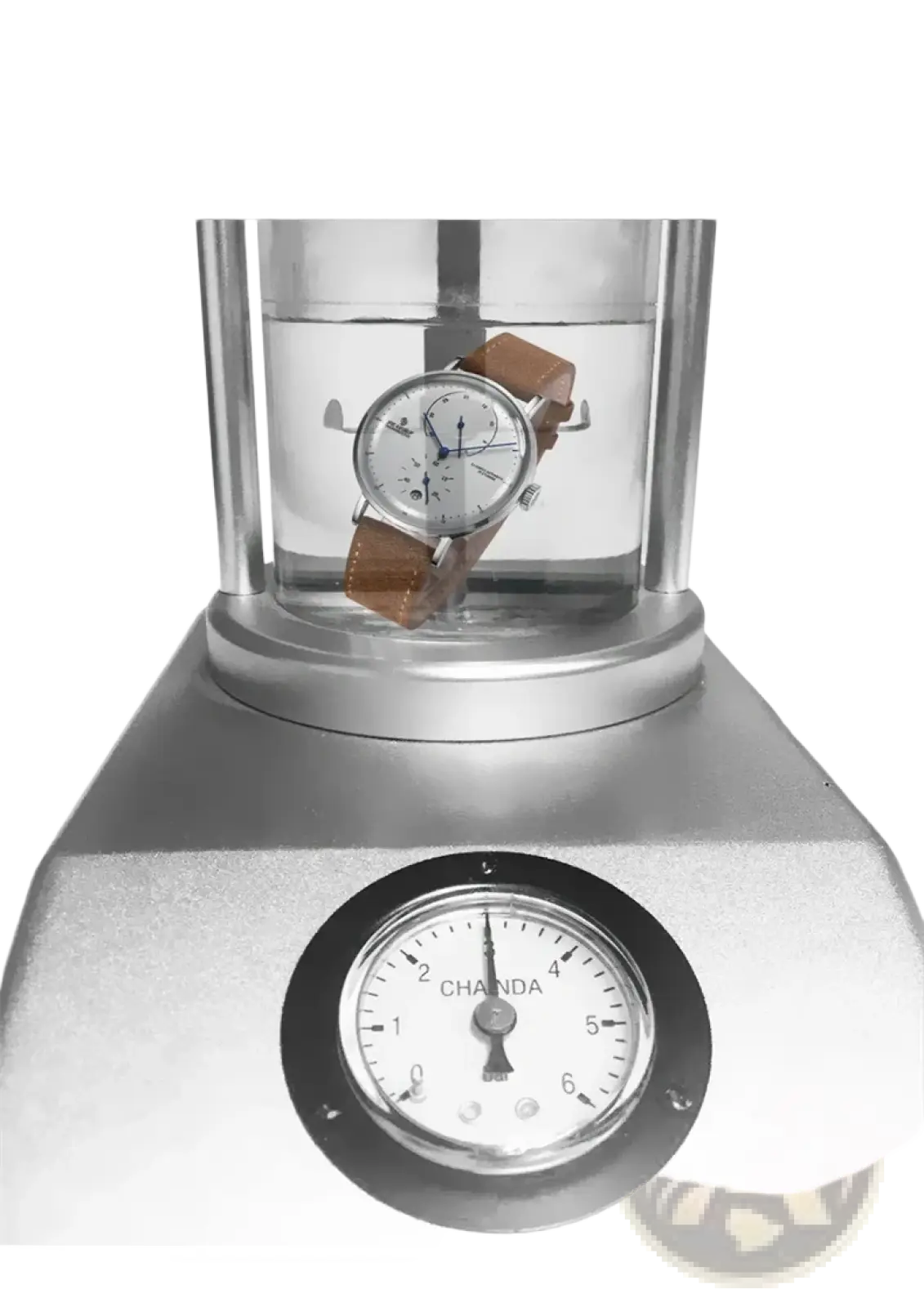 Automatic mechanical leather watch men with silver-toned case, white dial, blue hands, and brown strap submerged in water