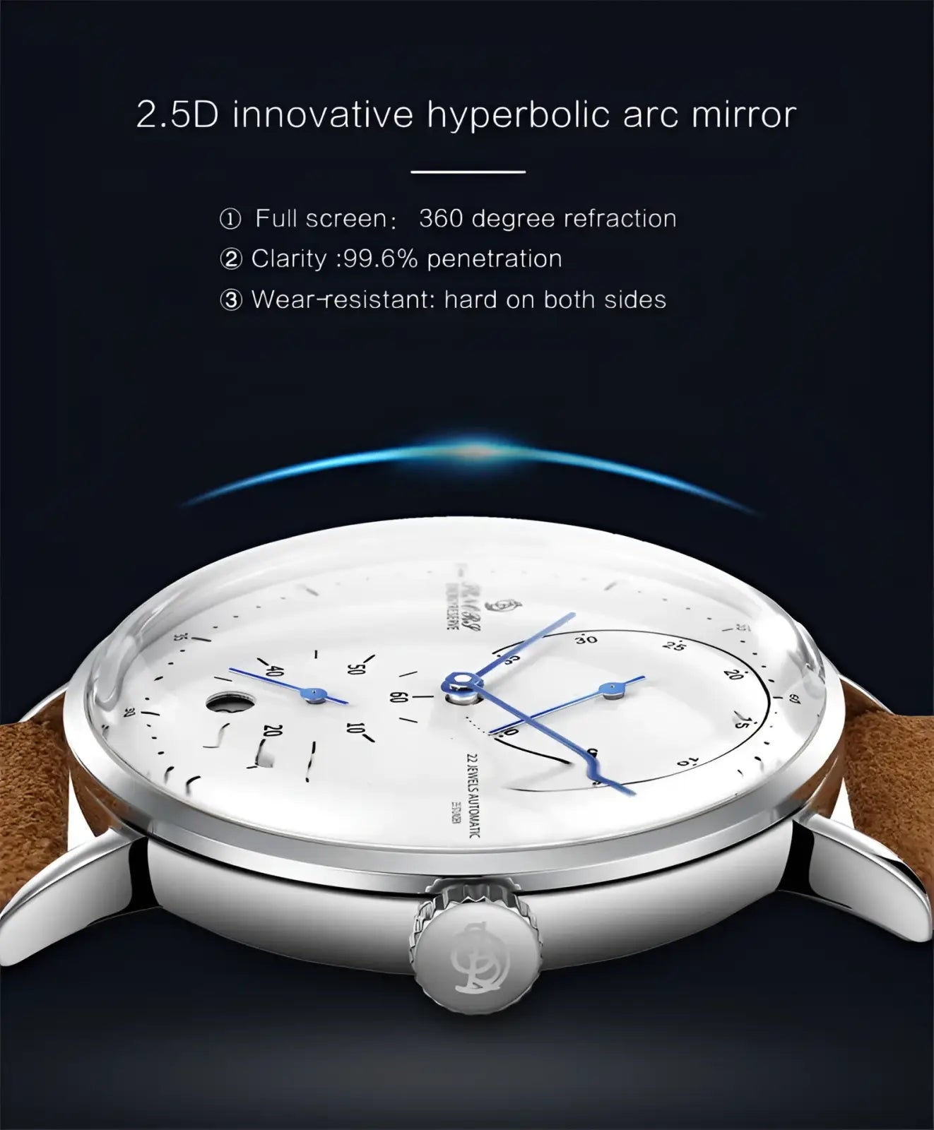 Silver-toned automatic mechanical men’s watch with white dial blue hands markers brown leather strap and hyperbolic glass face