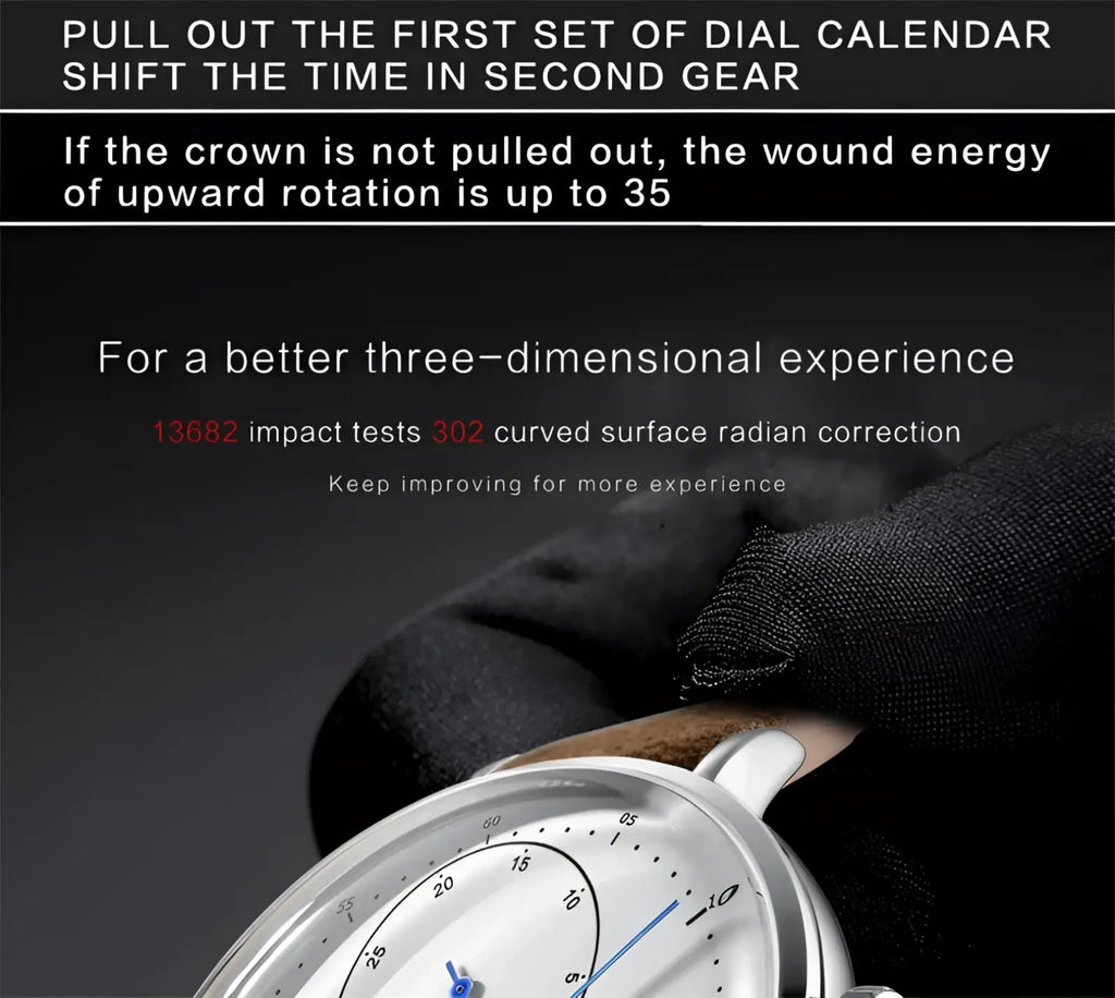 Silver-toned automatic mechanical leather watch for men with minimalist white dial and blue hands