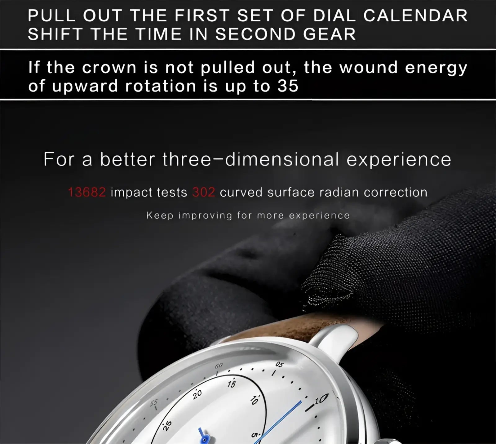 Silver-toned automatic mechanical leather watch for men with minimalist white dial and blue hands