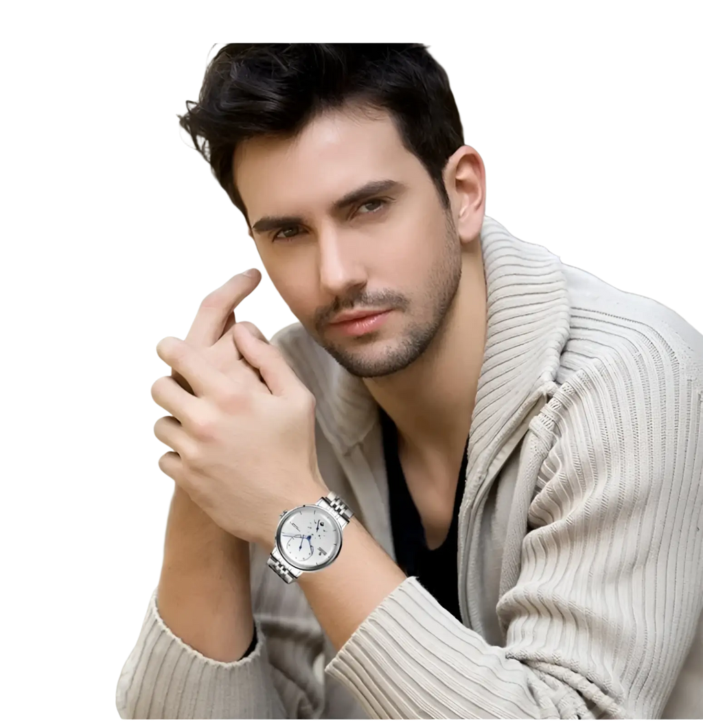 Silver-toned stainless steel automatic mechanical leather watch for men with round face and subtle hour markers