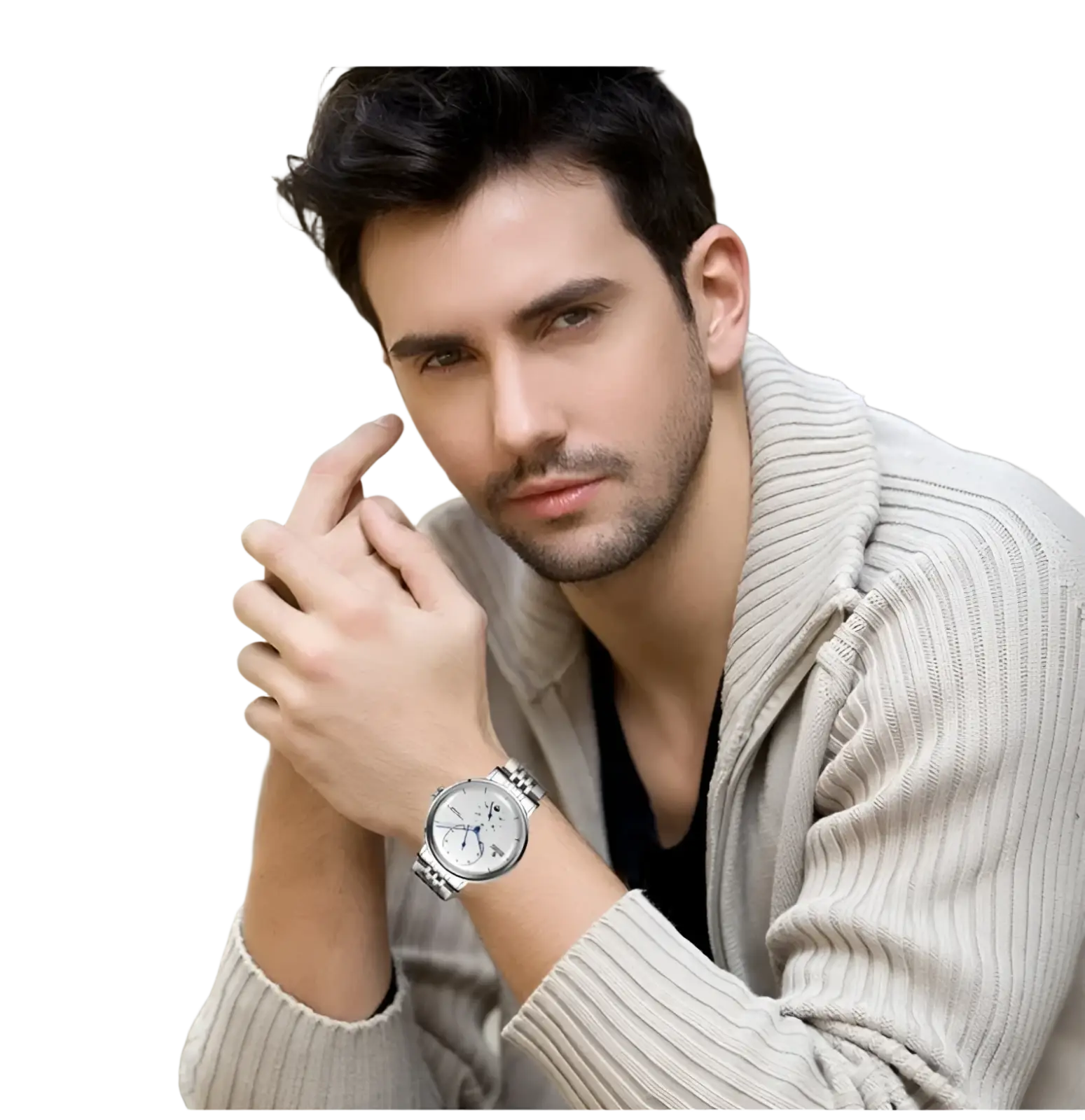 Silver-toned stainless steel automatic mechanical leather watch for men with round face and subtle hour markers