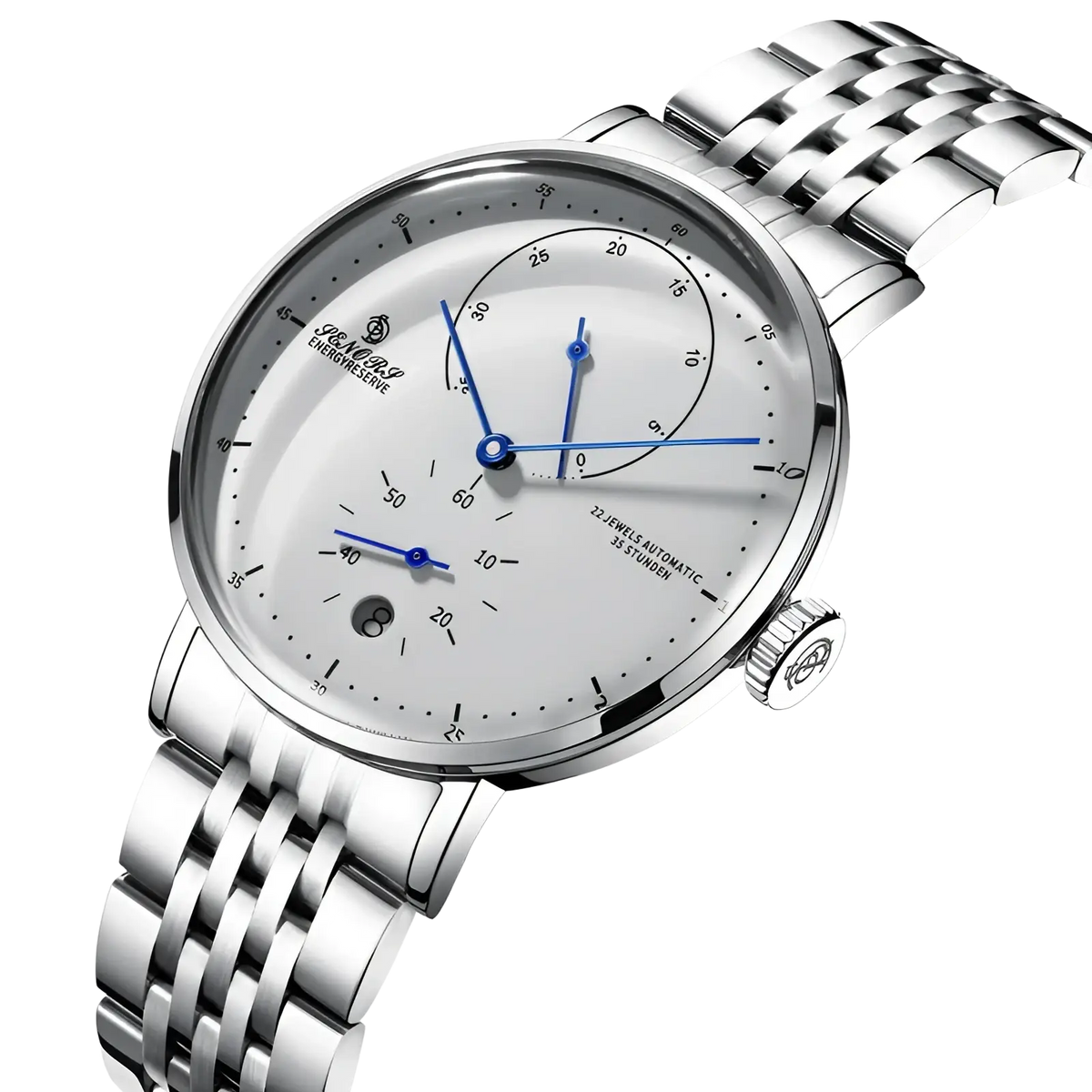 Silver-toned stainless steel automatic mechanical leather watch men with white dial blue hands and chronograph subdials
