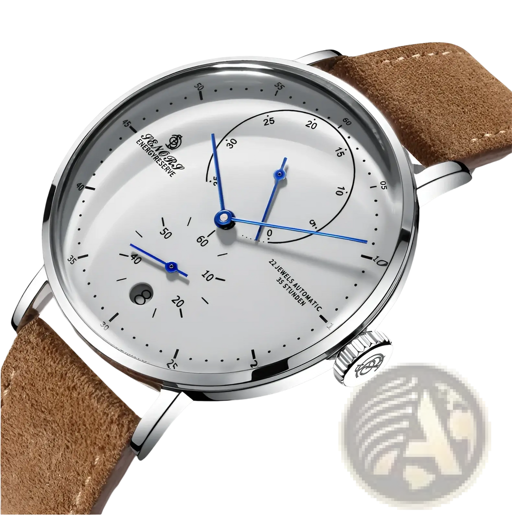 Silver-toned automatic mechanical leather watch for men with white dial blue hands and markers and brown leather strap
