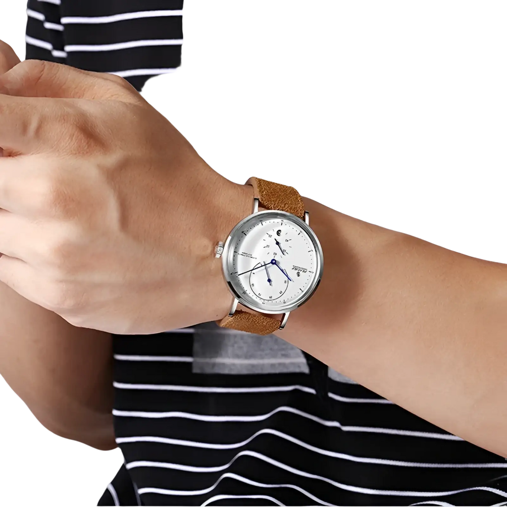Automatic mechanical leather watch men with a silver-toned case white dial blue hands and brown leather straps