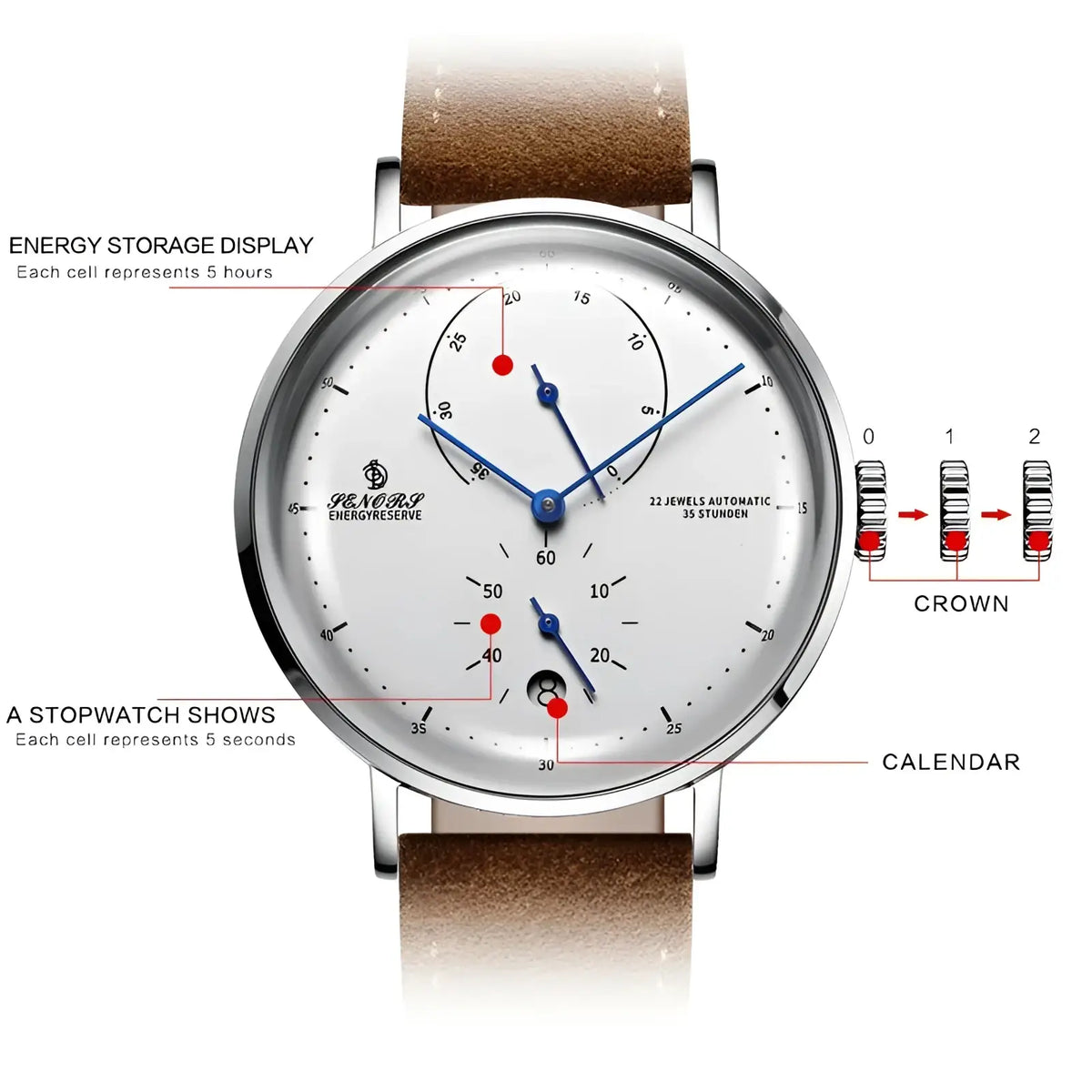 A sleek silver automatic mechanical leather watch for men with white dial blue hands energy storage and stopwatch functions