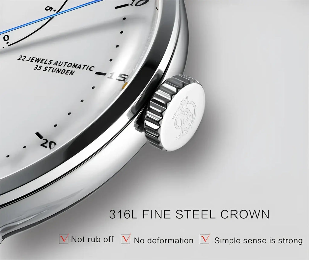 Automatic mechanical leather watch men with a sleek silver 316l stainless steel crown and engraved logo polished finish