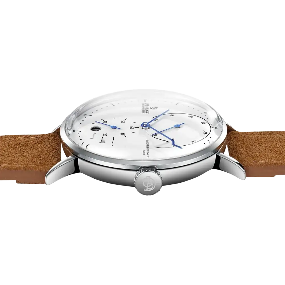 A sleek silver automatic mechanical leather watch for men with a white dial, blue hands, stainless steel case, and tan strap
