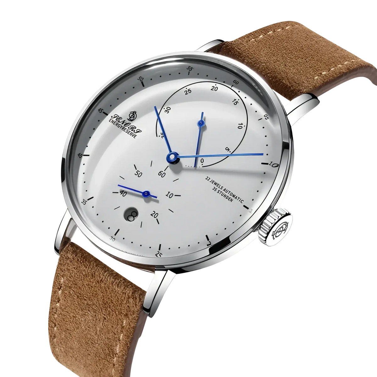 A sleek silver-toned j.m automatic mechanical leather watch for men showcasing elegant design and premium craftsmanship