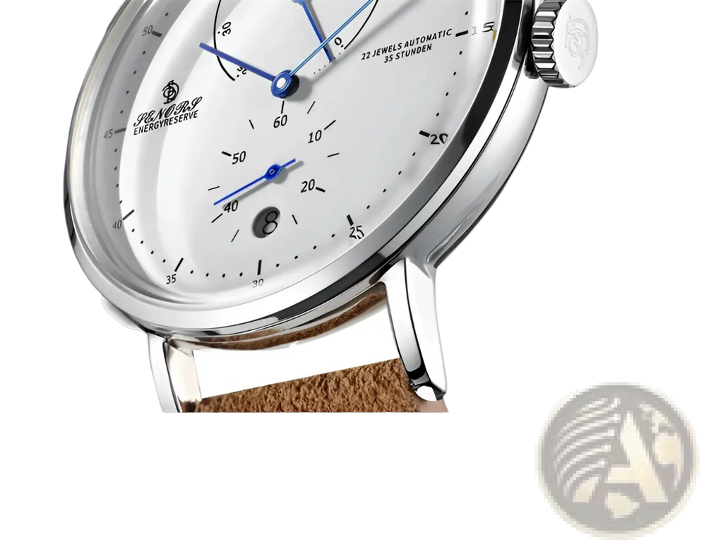 A sleek silver-toned automatic mechanical leather watch for men with a white dial blue hands and a brown leather strap