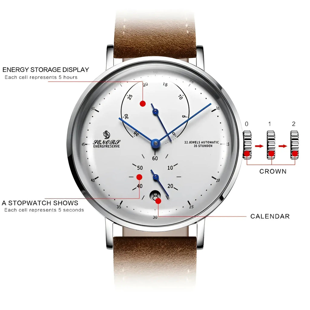 A sleek silver automatic mechanical leather watch for men with white dial blue hands energy storage and stopwatch functions