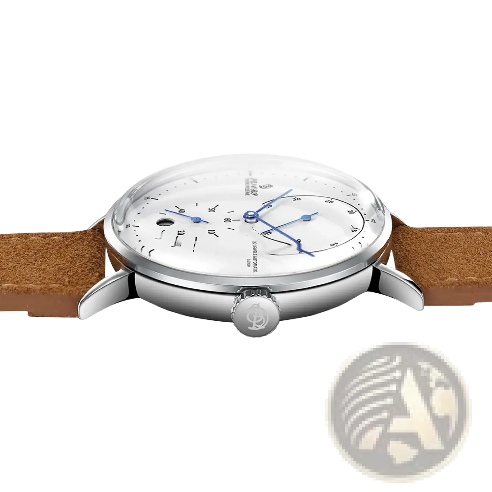 A sleek silver automatic mechanical leather watch for men with a white dial, blue hands, stainless steel case, and tan strap