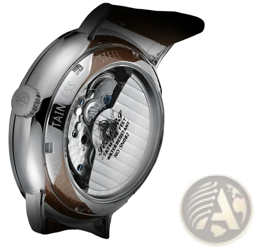 A sleek automatic mechanical leather watch men with stainless steel case, visible movement, and brown leather strap