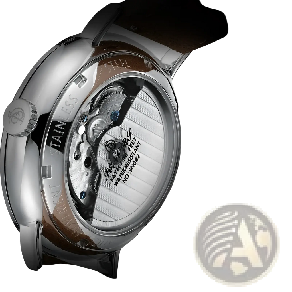 A sleek automatic mechanical watch with visible movement, stainless steel case, and brown leather strap for men