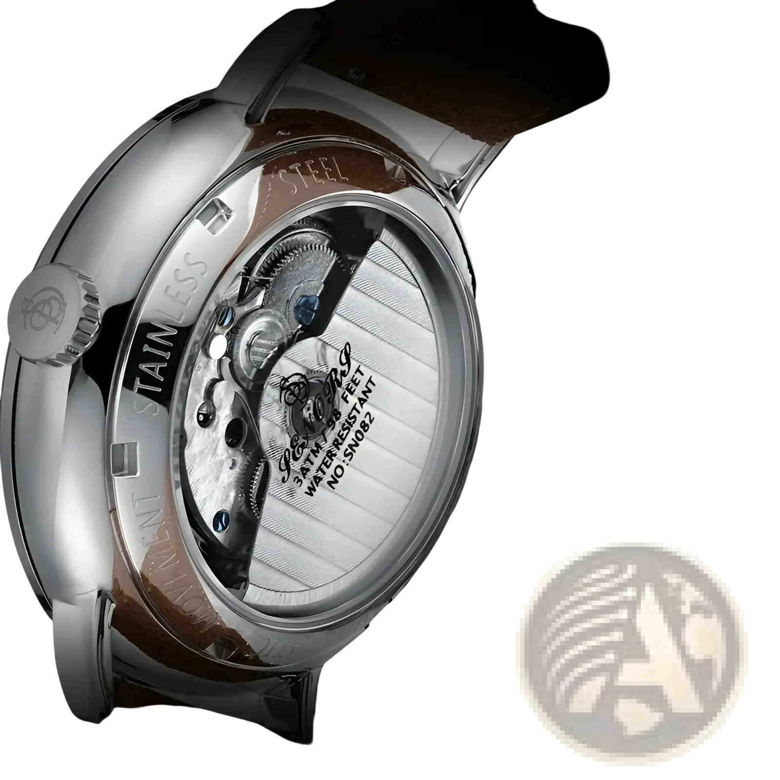 A sleek automatic mechanical watch with visible movement, stainless steel case, and brown leather strap for men
