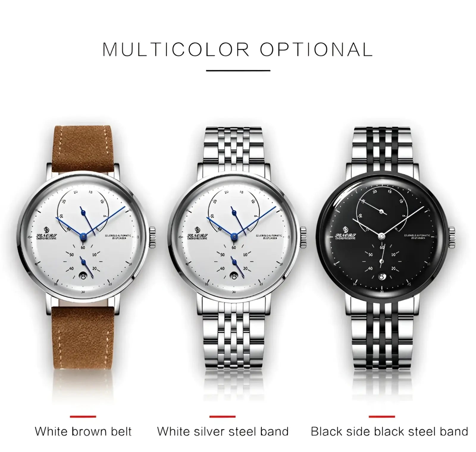 Three elegant automatic mechanical leather watches for men with brown leather, white silver steel, and black steel bands