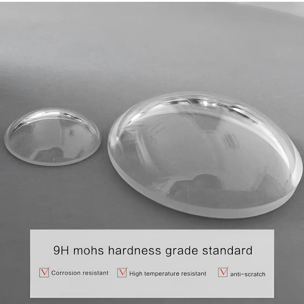 Two transparent oval-shaped glass domes with smooth polished edges for automatic mechanical leather watch men