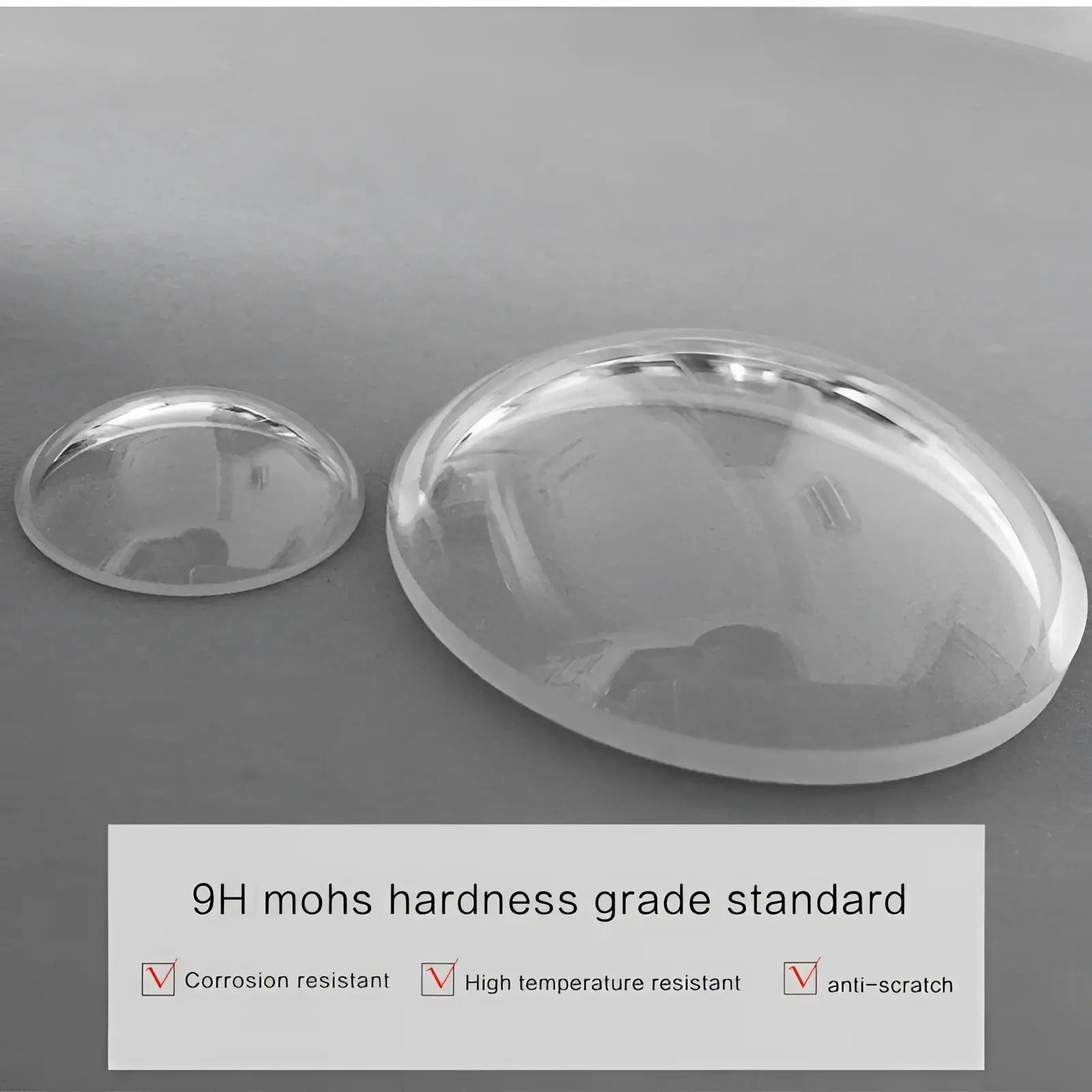 Two transparent oval-shaped glass domes with smooth polished edges for automatic mechanical leather watch men
