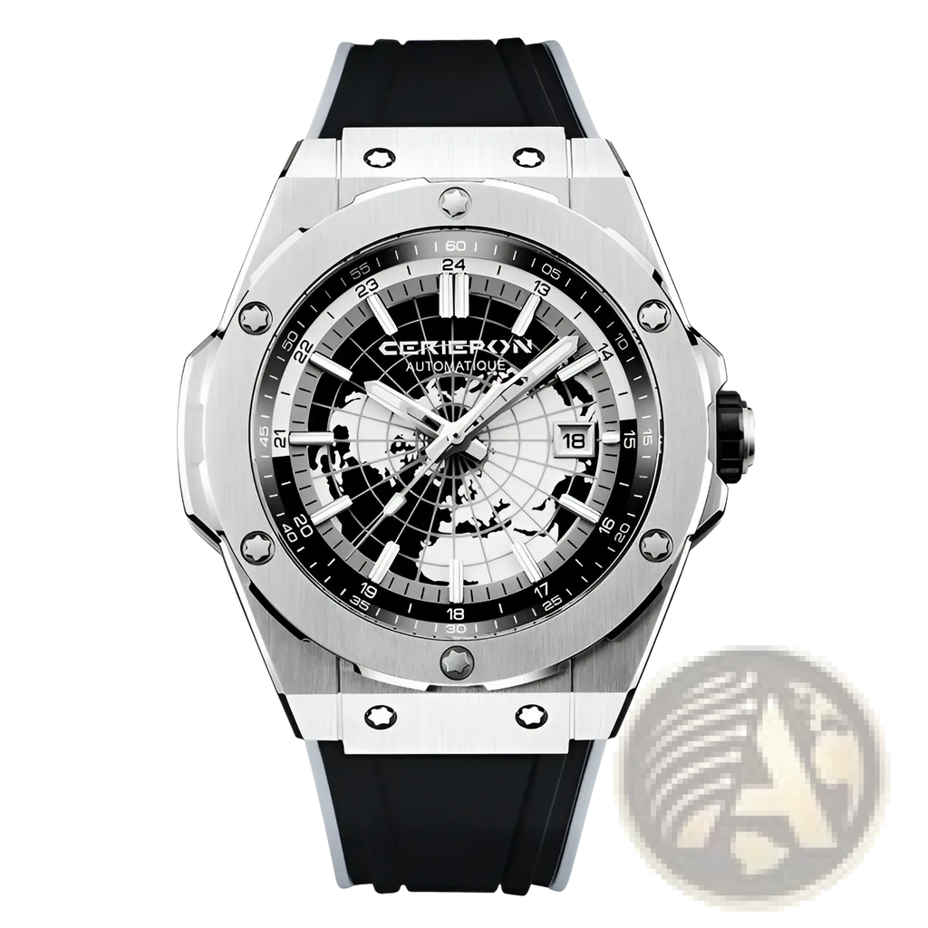 Silver-toned automatic mechanical men’s watch with stainless steel ceramic case, black rubber strap, and skeletonized world map dial