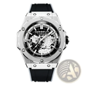 Silver-toned automatic mechanical men’s watch with stainless steel ceramic case, black rubber strap, and skeletonized world map dial