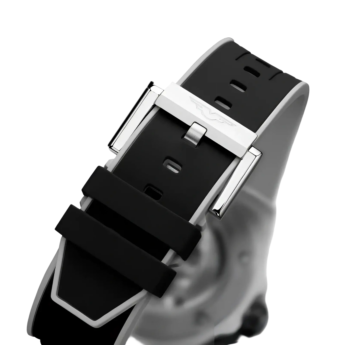 Black rubber watch strap with silver-toned buckle and white trim for automatic mechanical men’s stainless steel watch