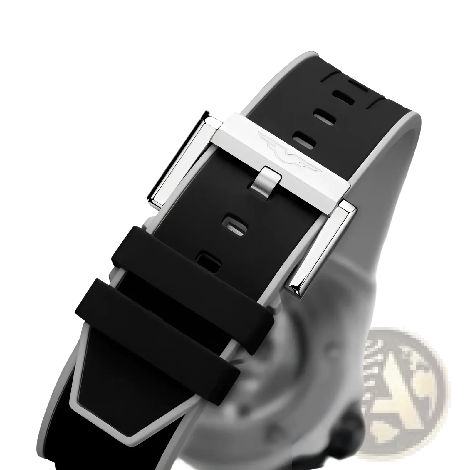 Black rubber watch strap with silver-toned buckle and white trim for automatic mechanical men’s stainless steel watch