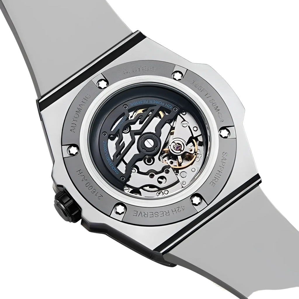 Automatic mechanical men’s watch stainless steel with silver-toned hublot transparent case back and gray rubber strap