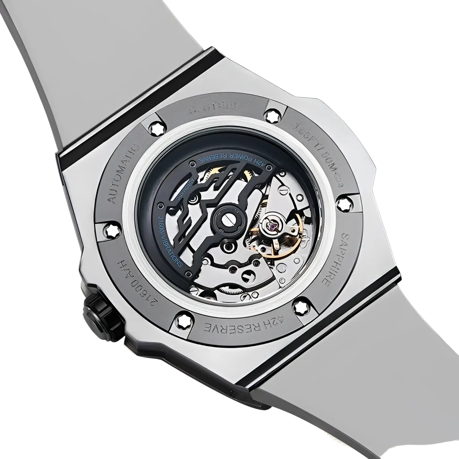 Automatic mechanical men’s watch stainless steel with silver-toned hublot transparent case back and gray rubber strap