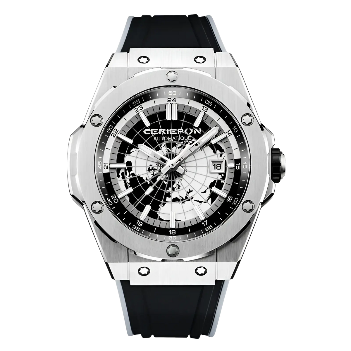 Silver-toned automatic mechanical men’s watch with stainless steel ceramic case, black rubber strap, and skeletonized world map dial