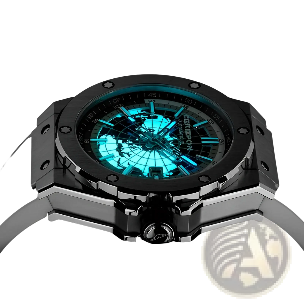 A sleek black and silver Hublot automatic mechanical men’s watch with a glowing turquoise world map dial in stainless steel